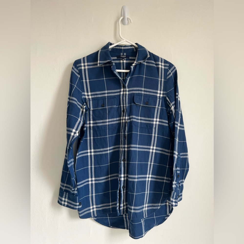 XS Madewell ex-boyfriend blue white flannel cotton button-up EUC excellent